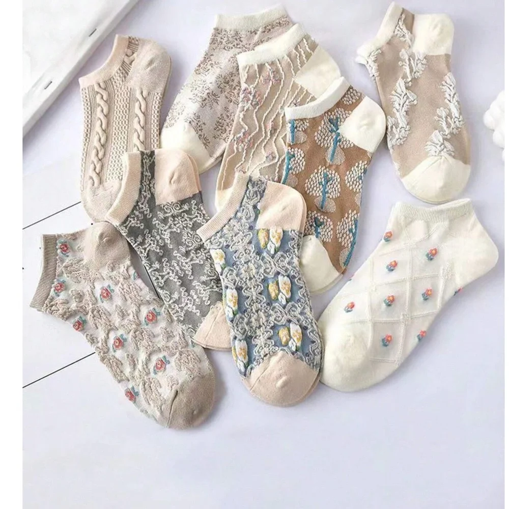 Cozy Textured Floral Print Color Block Socks Set